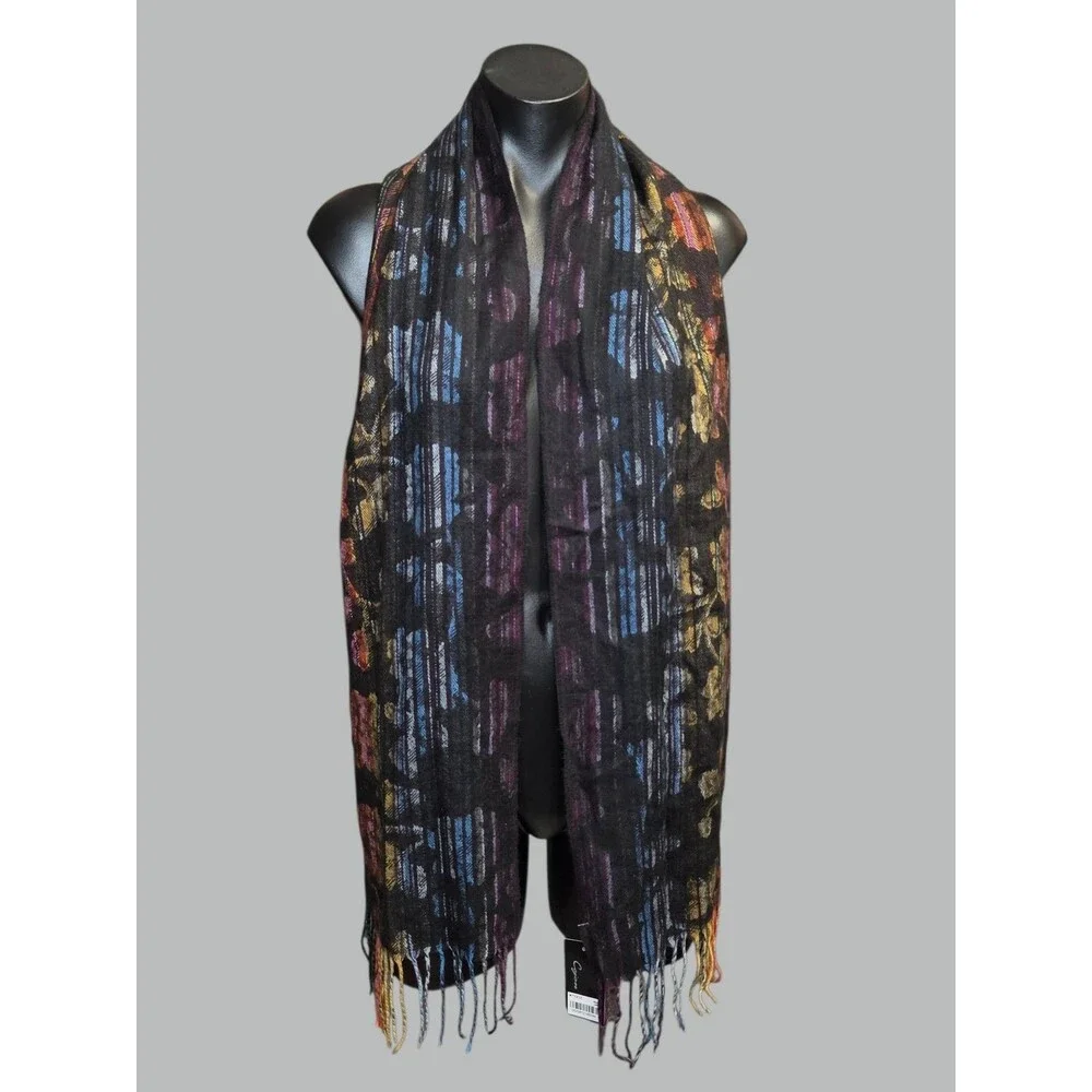 Cejon Scarf Women One Size Black Multicolor Floral Stripe Fringe Knit Italy Luxe